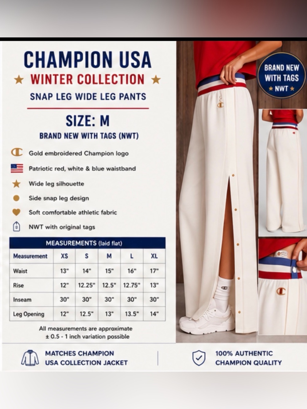 Champion USA Winter Collection Wide Leg Snap Pants NWT Size Medium Cream